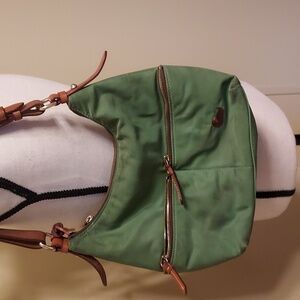 Dooney & Burke Green Nylon and Tan Leather Erica Hobo Bag